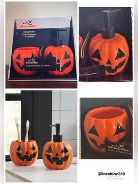 BNIB- Ceramic- Halloween Jack-o-lantern Pumpkin Soap Dispenser & Tumbler Set